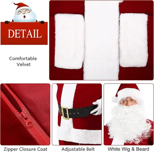Vista 3 de dgdgcool Santa Claus Costume for Men, 9PCS Deluxe Santa Costume Christmas Velvet Santa Suit Adults Men Professional