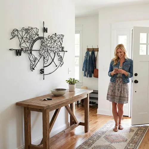 Vista 7 de DEKADRON Decoración de letrero metálico metálico con brújula con mapa del mundo (39 x 28 pulgadas)