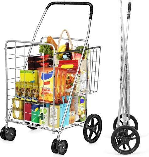 Vista 10 de COSTWAY Carrito de compras plegable, carrito de comestibles de metal con cesta adicional Ruedas delanteras giratorias de 360° y mango cómodo, Negro