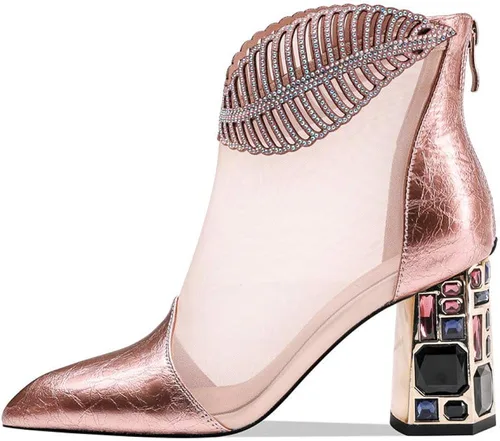 Vista 2 de TinaCus - Botines de piel de ante con punta de malla hecha a mano con tacón alto y grueso para mujer