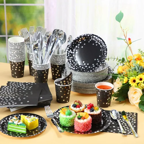 Vista 3 de Sieral 560 piezas de suministros de fiesta negros y plateados para 80 invitados, platos de papel desechables, servilletas, tazas, tenedores