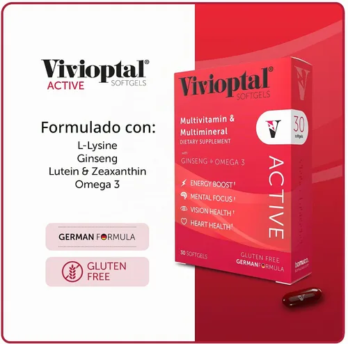 Vista 5 de Vivioptal Active, 30 cápsulas blandas, ginseng y omega 3, multivitamínico y multimineral, sin gluten, fórmula alemana
