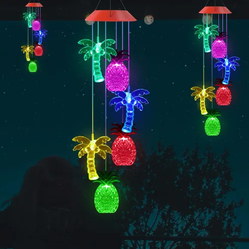 Vista 2 de Solawindchime Campanillas de viento de piña, árbol de coco, regalos para mujeres, campanillas de viento solares que cambian de color, luces solares