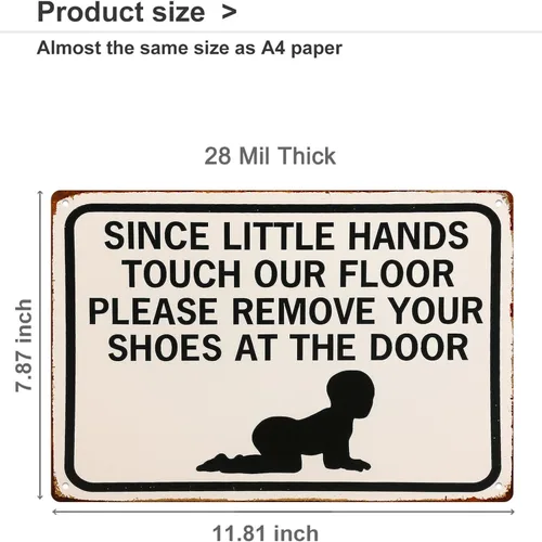 Vista 2 de Cartel de metal retro con texto en inglés «Please Remove Your Shoes» para garaje, hombre, cueva, baño, dormitorio, granja, inspirador, arte de pared