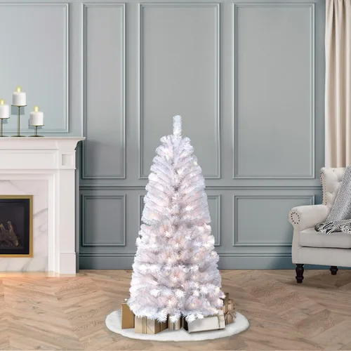 Vista 4 de Puleo International Árbol de Navidad artificial preiluminado de 4.5 pies con 150 luces, color blanco
