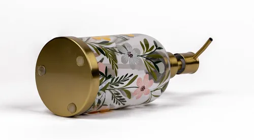 Vista 7 de Dispensador de jabón y loción de vidrio floral pintado a mano con bomba para baño y fregadero de cocina, vintage, hecho a mano en la India 4x8.25