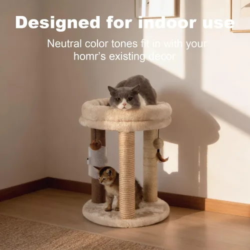Vista 5 de MECOOL Árbol pequeño para gatos 4en1, poste rascador con torre, cama suave, alfombra de sisal, postes de yute con tres juguetes de bola colgante