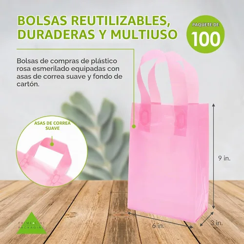 Vista 4 de Prime Line Packaging Bolsas de regalo rosadas, bolsas de tote de plástico esmerilado con asas para pequeñas empresas, golosinas, compras, cumpleaños