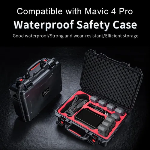 Vista 5 de Funda rígida impermeable para DJI Mavic 4 Pro Drone, almacenamiento perfecto para control remoto RC 2 o RC Pro, hasta 9 baterías, concentrador