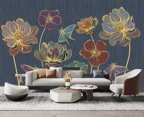 Vista 4 de Papel pintado 3D de flores doradas en relieve para dormitorio, 103 x 69 pulgadas