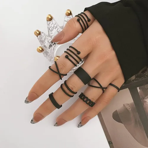 Vista 6 de Juego de anillos negros para nudillos para mujer, vintage, apilables, anillos midi bohemios, de cristal, perla y ola marina, paquete de anillos