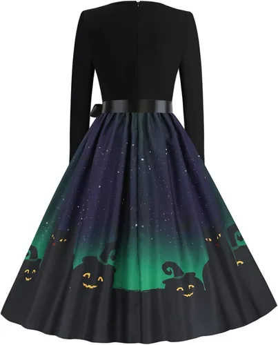 Vista 6 de Vestido de Halloween para mujer, casual, con cuello en V, con cremallera, manga larga, con panel de vuelo 2022