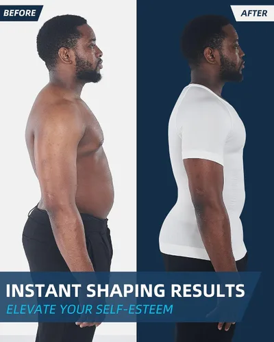 Vista 2 de KOCLES Camisas de compresión Gynecomastia para hombres, faja moldeadora adelgazante para cuerpo, camiseta de entrenamiento con cuello en V