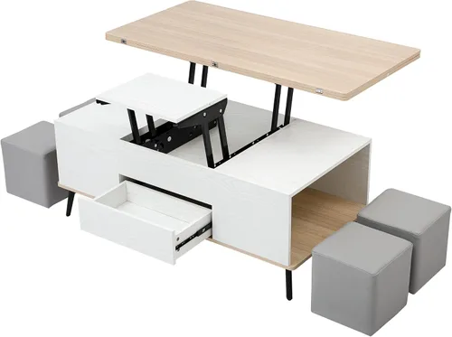 Vista 5 de Juego de 5 mesas auxiliares elevables con almacenamiento convertible con otomanas, para sala de estar, dormitorio, oficina, comedor (blanco antiguo)
