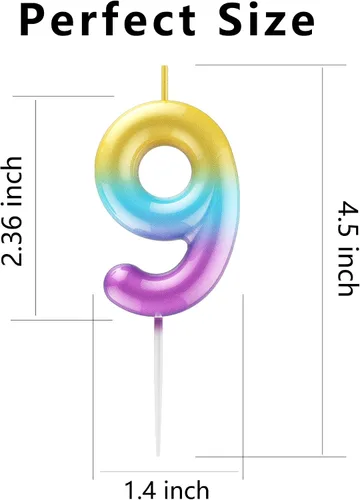 Vista 2 de Velas de número 9 arcoíris con número 3D para decoración de fiesta de pastel de cumpleaños, suministros de celebración de aniversario de boda