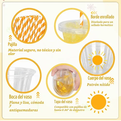 Vista 3 de Whaline 100 vasos de plástico desechables estilo bohemio de 9 onzas con tapas y pajitas, lindos vasos de bebida fría con sol amarillo para café