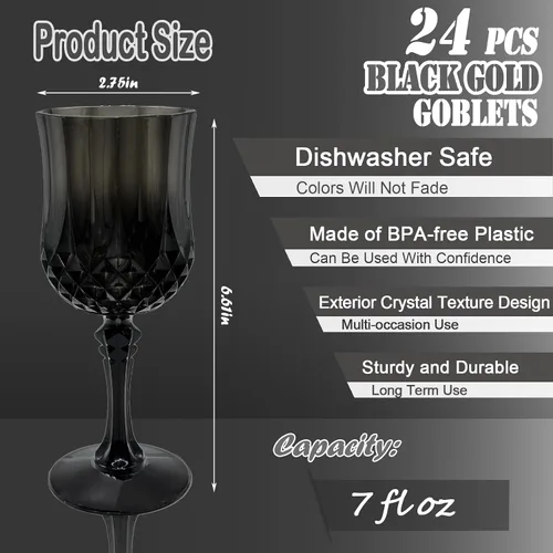 Vista 2 de 24 piezas de copas de vino de plástico negro, copas de vino de plástico reutilizables, copa negra tipo cáliz, vasos duraderos y resistentes que se
