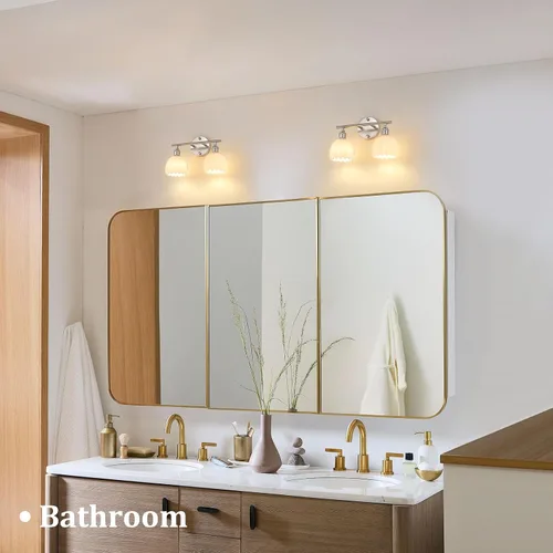 Vista 9 de Shenmoyl Lámparas de baño, lámpara de pared de 2 luces para tocador sobre espejo con pantalla de vidrio tulipán blanco para dormitorio, sala