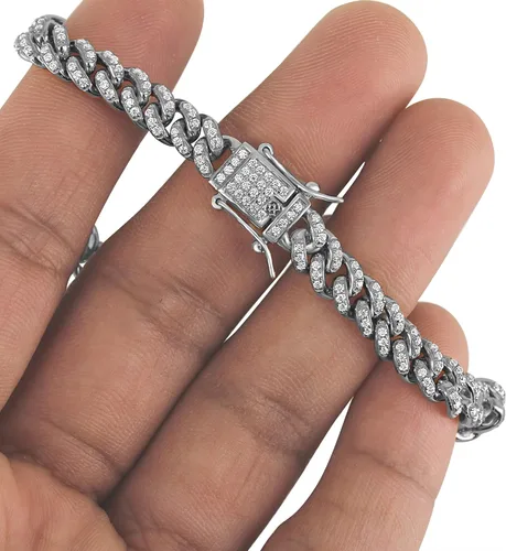 Vista 5 de Master Of Bling Pulsera de plata de ley con diamantes de moissanita de 0.236in, cadena de eslabones cubanos de Miami, joyería de hip hop, probador