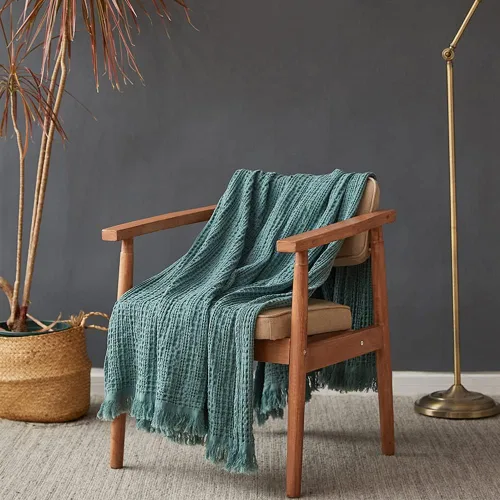 Vista 14 de Simple&Opulence Manta 100% algodón para sofá, cama, manta de punto gofre con borlas, suave, ligera, prelavada, transpirable, cómoda, decoración