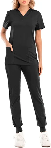 Vista 4 de Conjunto de uniforme médico para mujer, elástico en 4 direcciones, bolsillos ligeros, cuello en V, conjunto de uniforme médico con cordón elástico