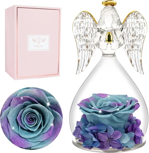 Vista 12 de Miofula Regalos para mamá, regalos de cumpleaños para mujeres, flores preservadas en figuras de ángel de cristal, flores frescas para entrega, Rosa