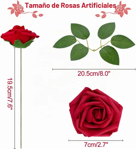 Vista 2 de 100 rosas artificiales de espuma roja oscura de aspecto real con tallos Rojo oscuro