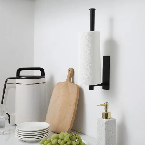 Vista 3 de theaoo - Toallero de papel para debajo del gabinete para cocina, toallero adhesivo para baño, montado en la pared, negro mate, acero inoxidable