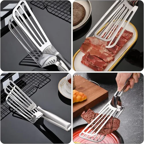 Vista 8 de Yardwe Pinzas de espátula de metal ranuradas, pinzas de cocina, pinzas para alimentos, pinzas para parrilla, pinzas para carne de pescado, pinzas