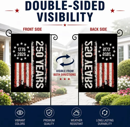 Vista 3 de Bandera de jardín de 250 años de América, Bendiciones 250° aniversario USA Bandera patriótica doble cara con diseño de estrellas y rayas