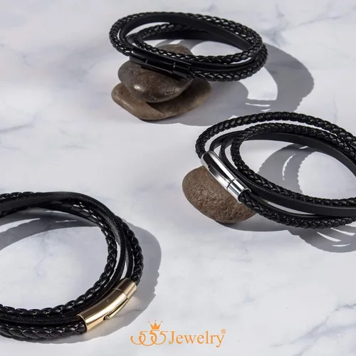 Vista 4 de 555Jewelry Pulsera magnética de cordón de cuero en capas de envoltura trenzada de acero inoxidable