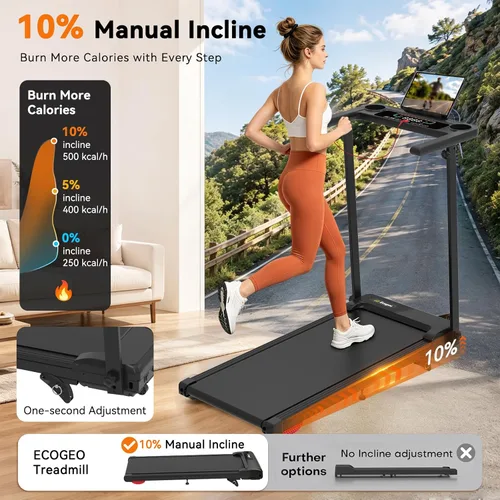 Vista 4 de Almohadilla plegable para caminar con 10% de inclinación/altavoz Bluetooth, cintas de correr de 2.5 HP para el hogar, caminadora portátil con barra
