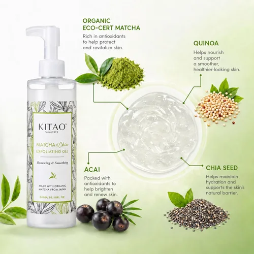Vista 3 de KITAO - Exfoliante facial orgánico Matcha para piel seca, exfoliante facial para piel sensible, gel exfoliante facial para mujeres, removedor