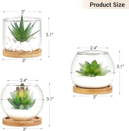 Vista 5 de Mkono - Suculenta Artificial en Maceta de Vidrio Transparente, 3 Mini Plantas Falsas en Maceta para Mujeres, Decoración de Oficina, Pequeña Planta