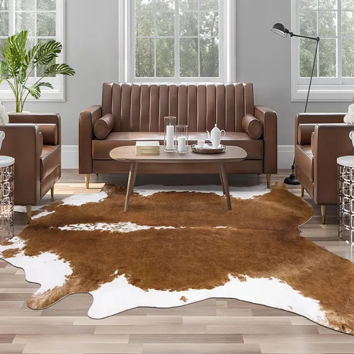 Vista 17 de Alfombra de piel de vaca sintética AROGAN, alfombra premium con estampado de vaca para decoración occidental boho, piel de vaca para dormitorio Negro