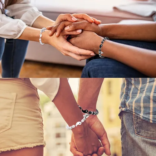 Vista 64 de 2 pulseras magnéticas para parejas, piedra natural negra mate, cristal para votos de amor eterno, juego de pulseras de cuentas de piedra de energía