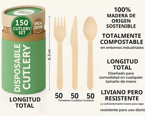Vista 2 de Juego de cubiertos compostables de edición especial (150 piezas) – Juego de cubiertos de madera desechables – Alternativa al plástico, ecológico