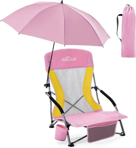 Vista 26 de Homcosan Silla de playa portátil baja plegable con paraguas desmontable, silla de campamento ligera para adultos con portavasos y bolsillo