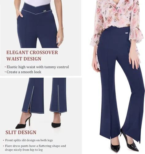 Vista 4 de PUWEER Pantalones acampanados para mujer, de cintura alta, casuales, de negocios, pantalones de trabajo con bolsillos