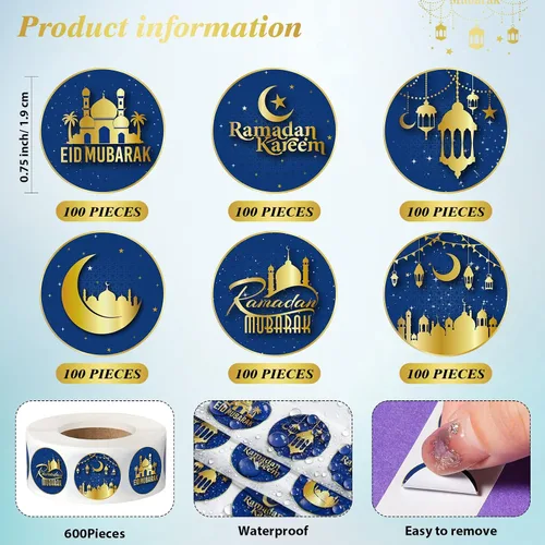 Vista 3 de Teling 600 calcomanías de caramelo Eid Mubarak, calcomanías de chocolate de Ramadán, Kareem de 0.75 pulgadas, mini etiquetas redondas para dulces