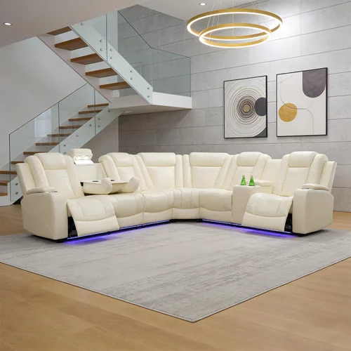 Vista 15 de Juego de sofá modular reclinable eléctrico para sala de estar, juego de sofá reclinable de cuero con luces LED / almacenamiento oculto, sofá