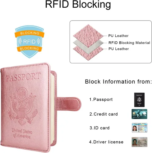 Vista 3 de WALNEW Funda para pasaporte, funda para pasaporte, tarjeta, cartera, E-oro rosa, Estilo E