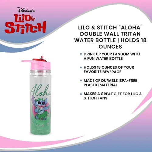 Vista 6 de Silver Buffalo Lilo and Stitch Aloha - Botella de agua Tritan de doble pared Botella de plástico sin BPA con tapa de rosca y tapa abatible