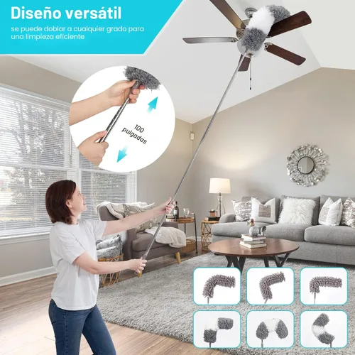 Vista 2 de 12 piezas de plumeros de microfibra, plumero con poste de extensión (acero inoxidable) de 30 a 100 pulgadas, plumeros lavables, plumero de plumas