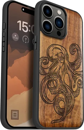 Vista 18 de Carveit Funda de madera para iPhone 15 Pro Max, calendario azteca, cereza