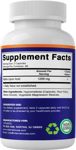 Vista 9 de Vitamatic Ácido alfa lipoico 1200 mg por porción, 120 cápsulas – Sin gluten, cápsulas vegetarianas, sin soja y sin OMG