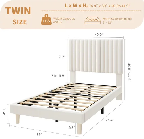 Vista 2 de IDEALHOUSE Base de cama individual con cabecera ajustable, plataforma tapizada de terciopelo, marco de cama tamaño individual, canal vertical Beige