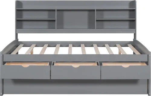 Vista 5 de Cama capitán de tamaño matrimonial con marco de cama Tundle Day con 3 cajones y estanterías integradas de madera maciza, sofá cama de capitán