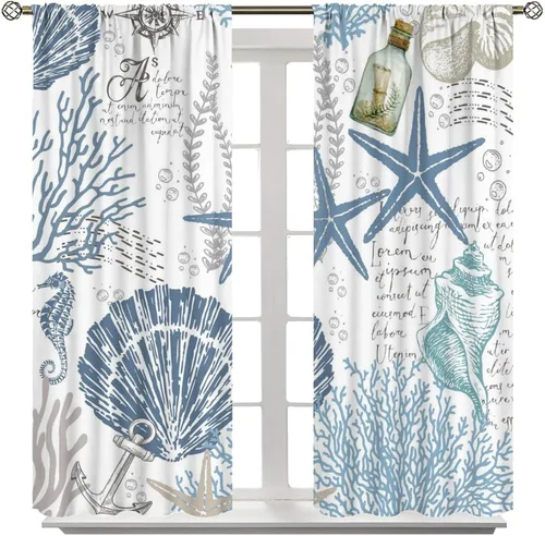 Vista 37 de Cortinas de decoración de playa con océano azul, peces náuticos costeros playeros de verano, conchas marinas, temática infantil, dormitorio, sala