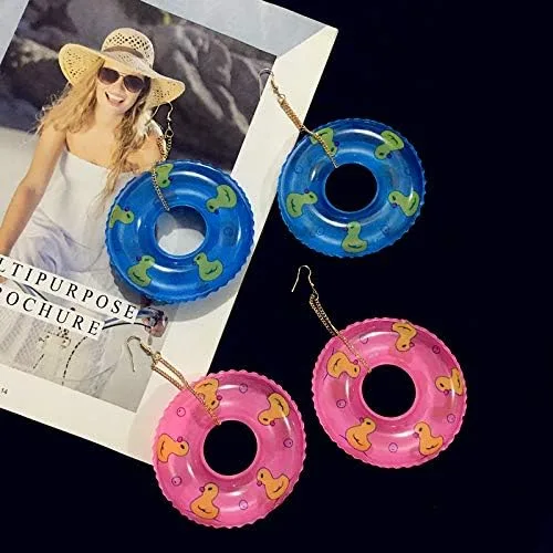 Vista 8 de Pendientes de anillo de natación ligeros con círculo punk y pato, bonitos aretes de verano para fiestas en la piscina, para mujeres y niñas, joyería